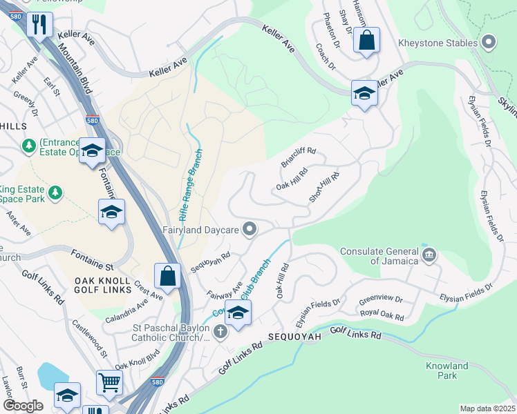 map of restaurants, bars, coffee shops, grocery stores, and more near 4520 Saint Andrews Road in Oakland