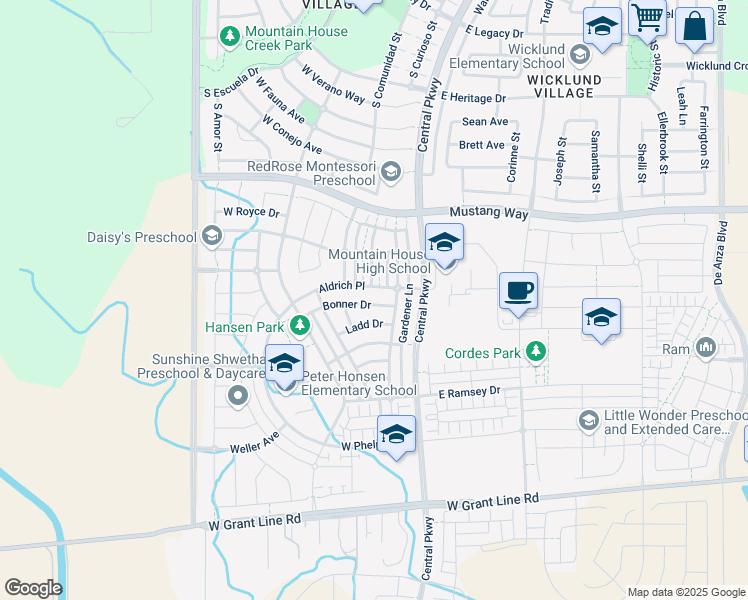 map of restaurants, bars, coffee shops, grocery stores, and more near 157 Bonner Drive in Tracy