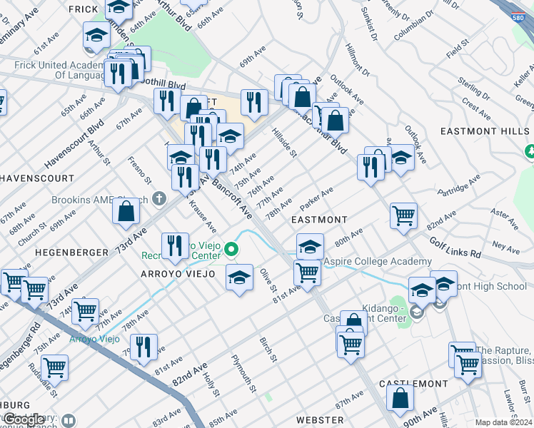 map of restaurants, bars, coffee shops, grocery stores, and more near 2527 78th Avenue in Oakland