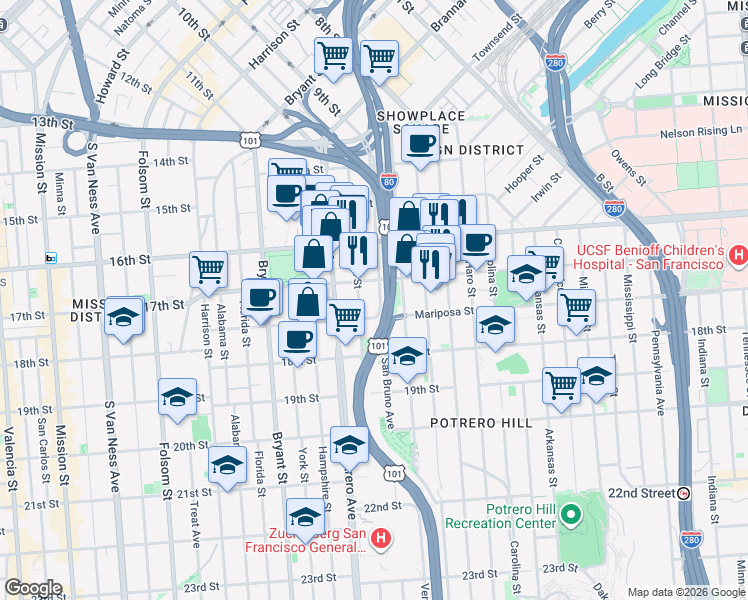 map of restaurants, bars, coffee shops, grocery stores, and more near 450 San Bruno Avenue in San Francisco