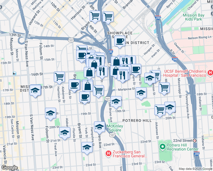 map of restaurants, bars, coffee shops, grocery stores, and more near 450 San Bruno Avenue in San Francisco