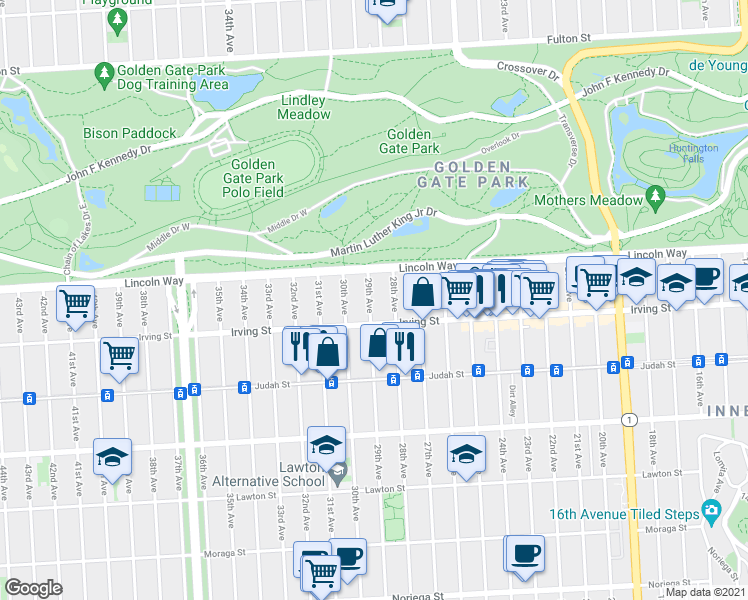 map of restaurants, bars, coffee shops, grocery stores, and more near 1262 29th Ave in San Francisco