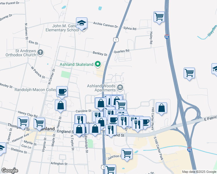 map of restaurants, bars, coffee shops, grocery stores, and more near 122 Wythe House Court in Ashland