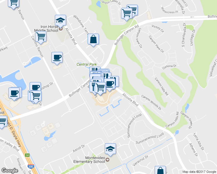 map of restaurants, bars, coffee shops, grocery stores, and more near 490 Market Place in San Ramon