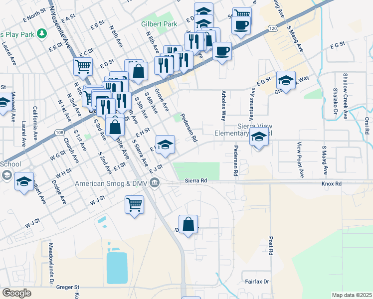 map of restaurants, bars, coffee shops, grocery stores, and more near 750 East J Street in Oakdale
