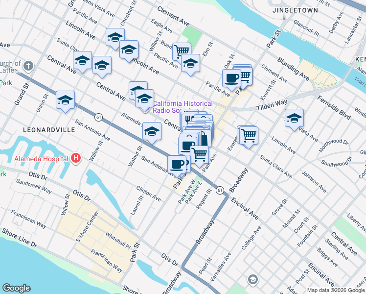 map of restaurants, bars, coffee shops, grocery stores, and more near 1301 Oak Street in Alameda