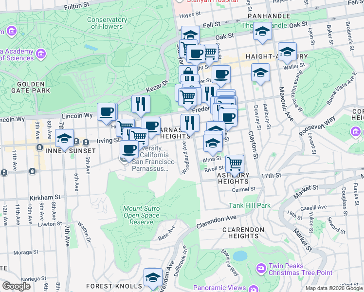 map of restaurants, bars, coffee shops, grocery stores, and more near 15 Woodland Avenue in San Francisco