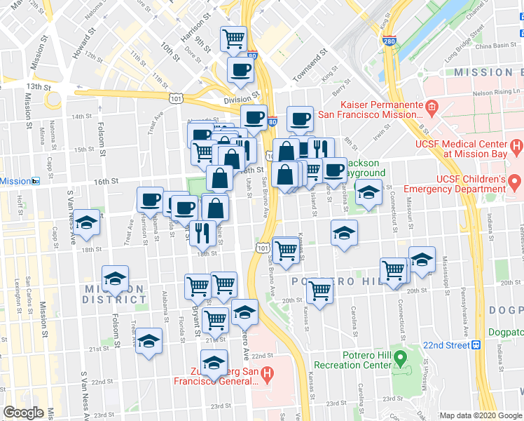 map of restaurants, bars, coffee shops, grocery stores, and more near 450 San Bruno Avenue in San Francisco