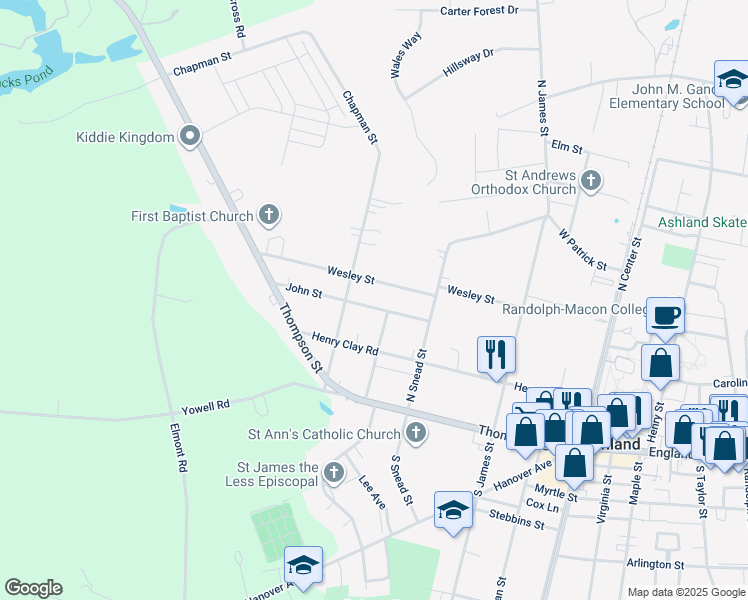 map of restaurants, bars, coffee shops, grocery stores, and more near 406 John Street in Ashland