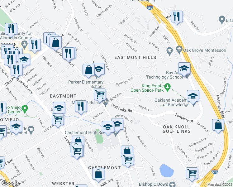 map of restaurants, bars, coffee shops, grocery stores, and more near 2941 82nd Avenue in Oakland