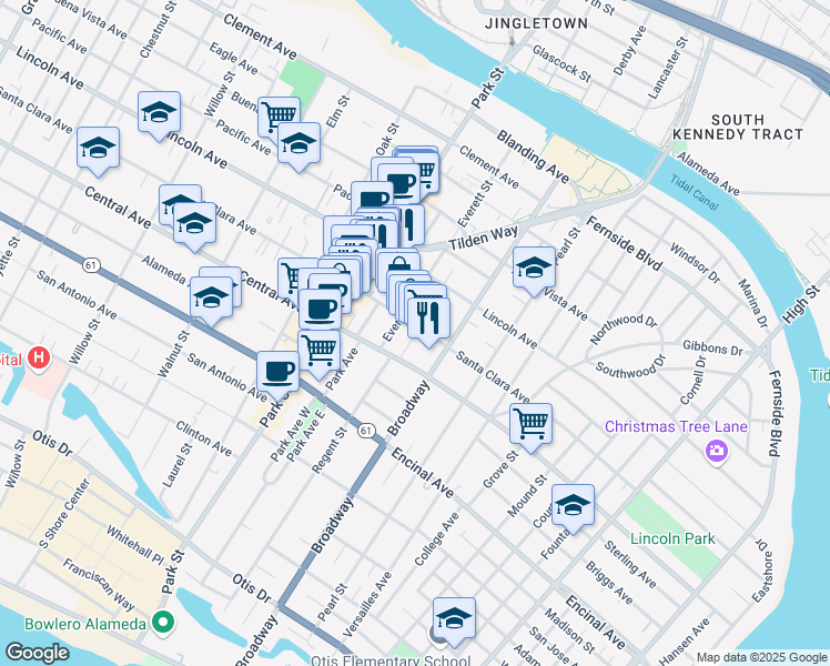 map of restaurants, bars, coffee shops, grocery stores, and more near 2514 Santa Clara Avenue in Alameda
