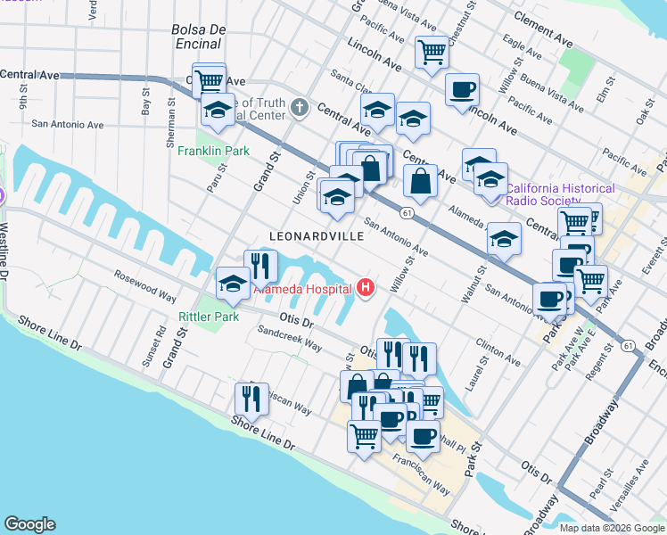 map of restaurants, bars, coffee shops, grocery stores, and more near 1922 Clinton Avenue in Alameda