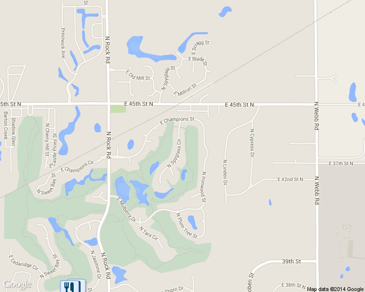 map of restaurants, bars, coffee shops, grocery stores, and more near 4414 North Spyglass Circle in Wichita
