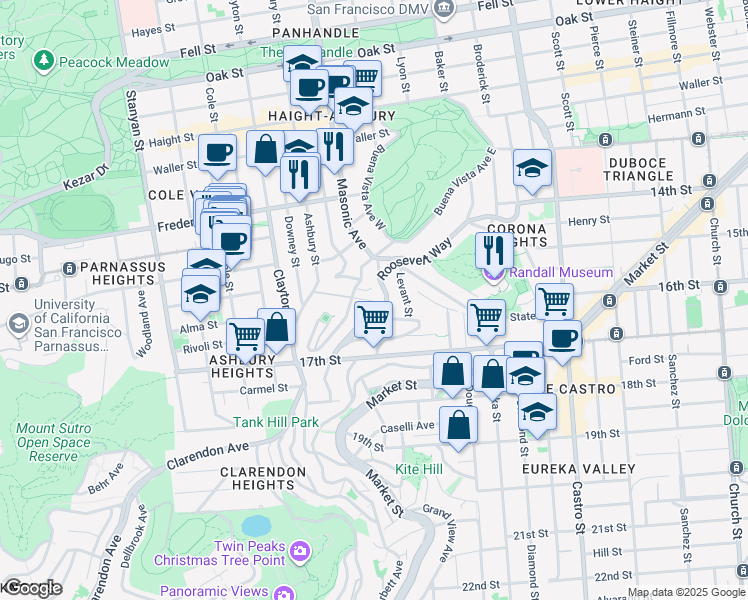 map of restaurants, bars, coffee shops, grocery stores, and more near 32 Clifford Terrace in San Francisco