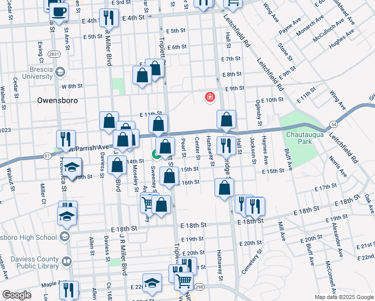 map of restaurants, bars, coffee shops, grocery stores, and more near 1309 Pearl Street in Owensboro