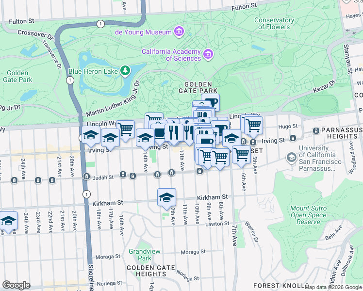 map of restaurants, bars, coffee shops, grocery stores, and more near Irving St & 11th Ave in San Francisco