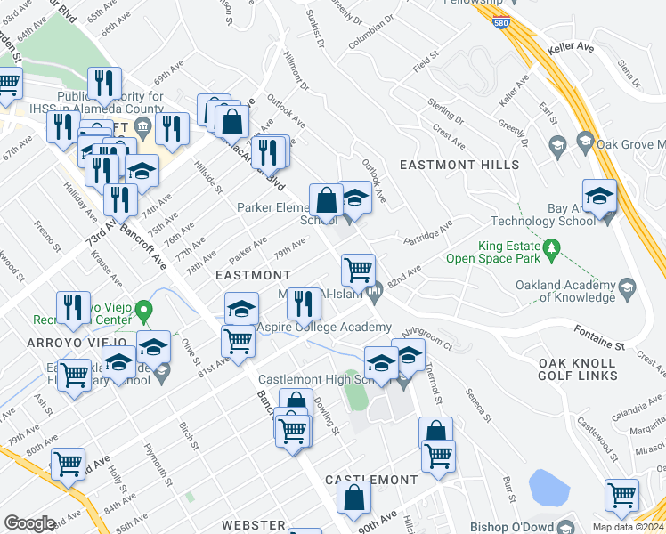 map of restaurants, bars, coffee shops, grocery stores, and more near 7979 MacArthur Boulevard in Oakland