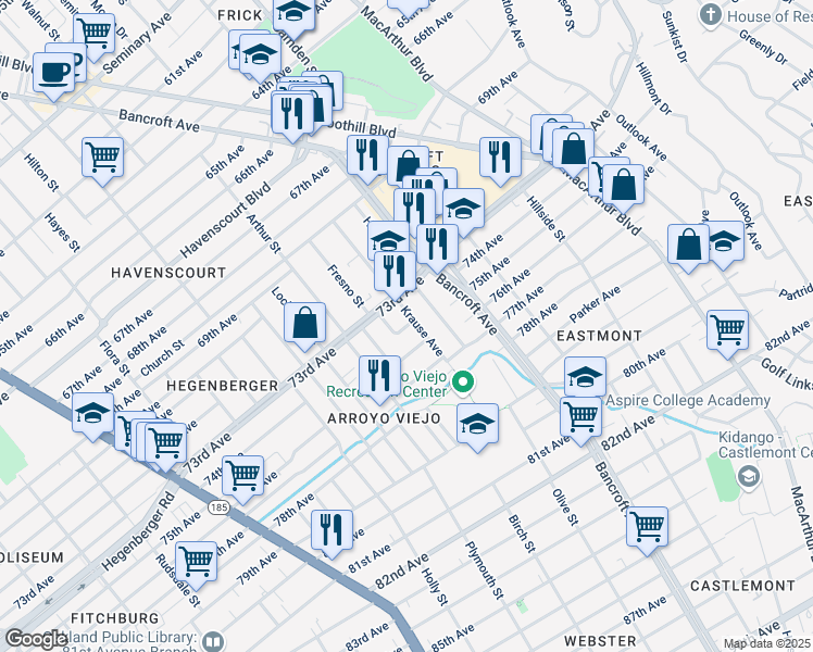 map of restaurants, bars, coffee shops, grocery stores, and more near 2315 Legion Avenue in Oakland