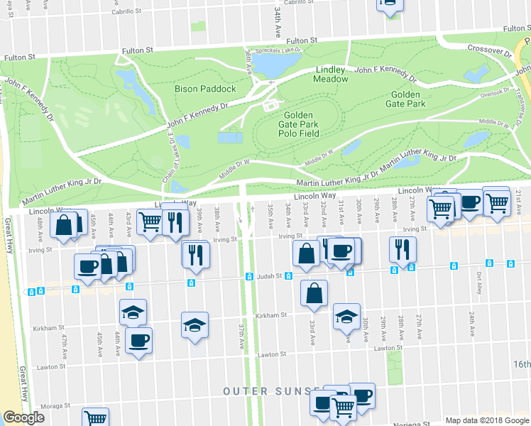 map of restaurants, bars, coffee shops, grocery stores, and more near 1235 35th Avenue in San Francisco