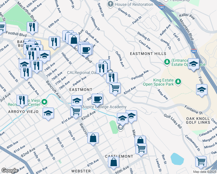 map of restaurants, bars, coffee shops, grocery stores, and more near 7985 MacArthur Boulevard in Oakland
