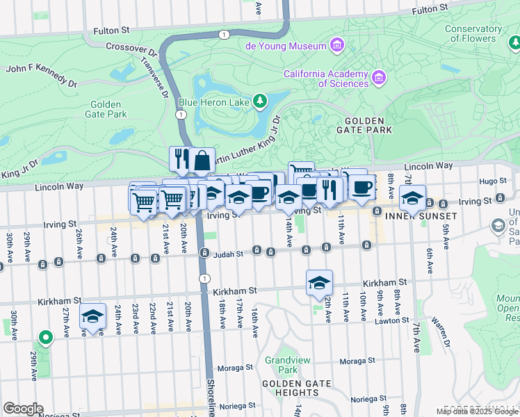 map of restaurants, bars, coffee shops, grocery stores, and more near 1434 Irving Street in San Francisco