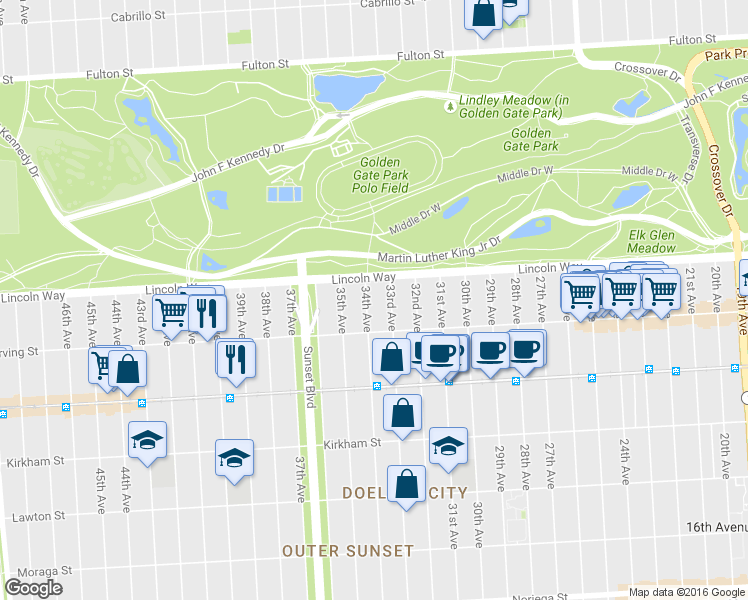 map of restaurants, bars, coffee shops, grocery stores, and more near 1238 34th Avenue in San Francisco