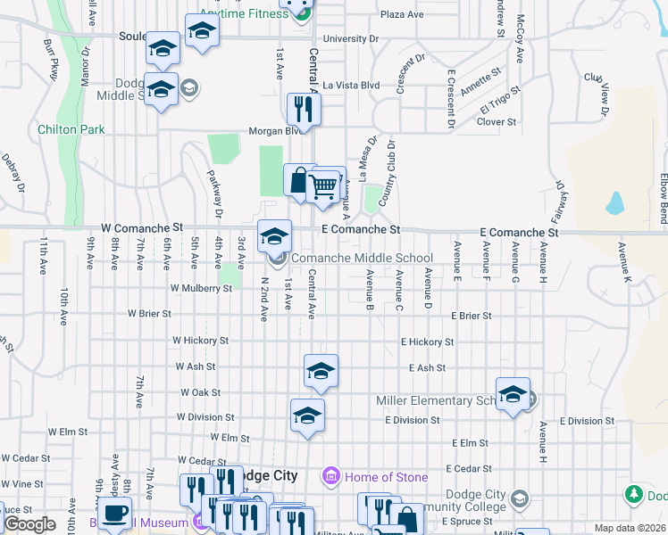 map of restaurants, bars, coffee shops, grocery stores, and more near 1611 Avenue A in Dodge City