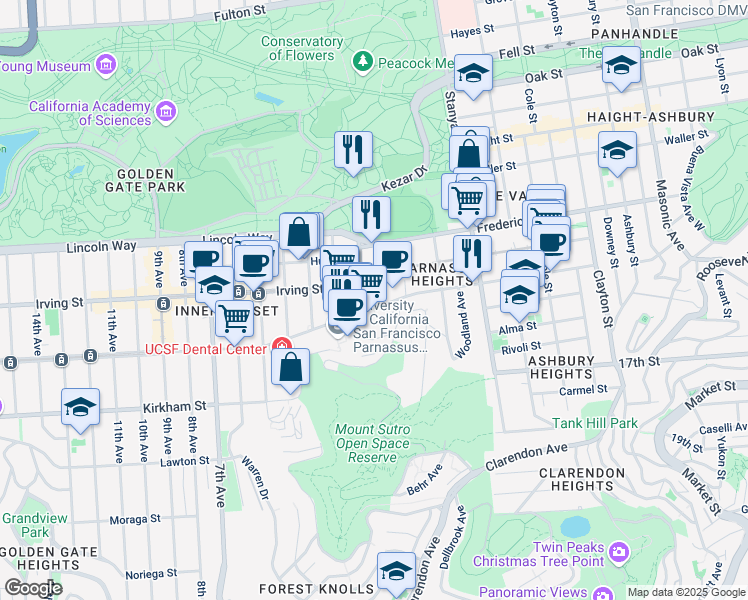 map of restaurants, bars, coffee shops, grocery stores, and more near 400 Parnassus Avenue in San Francisco