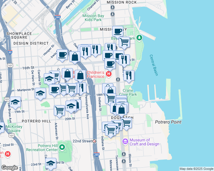 map of restaurants, bars, coffee shops, grocery stores, and more near 500 Minnesota Street in San Francisco