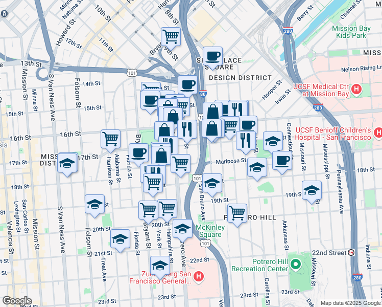 map of restaurants, bars, coffee shops, grocery stores, and more near 439 Utah Street in San Francisco