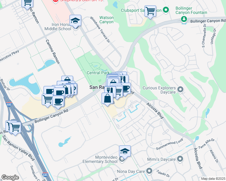 map of restaurants, bars, coffee shops, grocery stores, and more near 250 Market Place in San Ramon