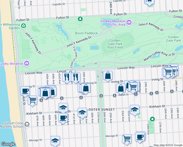 map of restaurants, bars, coffee shops, grocery stores, and more near 1226 38th Avenue in San Francisco