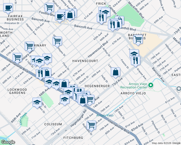 map of restaurants, bars, coffee shops, grocery stores, and more near 1823 Church Street in Oakland