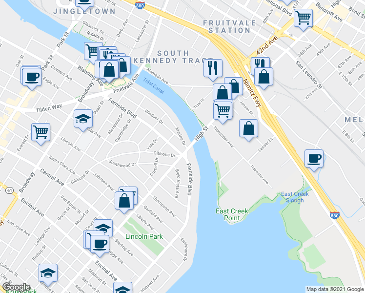map of restaurants, bars, coffee shops, grocery stores, and more near 3132 Marina Drive in Alameda