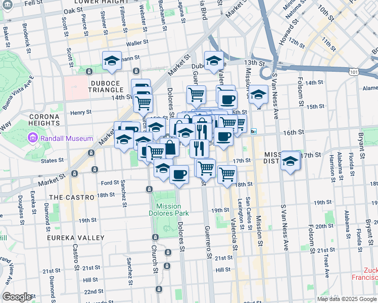 map of restaurants, bars, coffee shops, grocery stores, and more near 333 Dolores Street in San Francisco