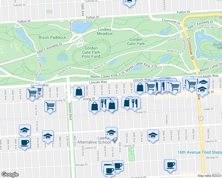 map of restaurants, bars, coffee shops, grocery stores, and more near 1244 31st Avenue in San Francisco