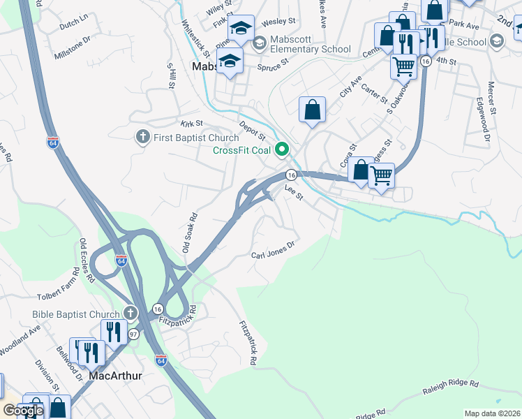 map of restaurants, bars, coffee shops, grocery stores, and more near 135 Diane Drive in Beckley