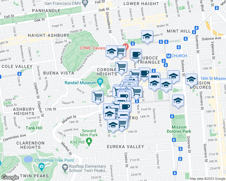 map of restaurants, bars, coffee shops, grocery stores, and more near 16th St & Flint St in San Francisco