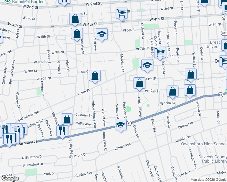map of restaurants, bars, coffee shops, grocery stores, and more near 1032 Venable Ave in Owensboro