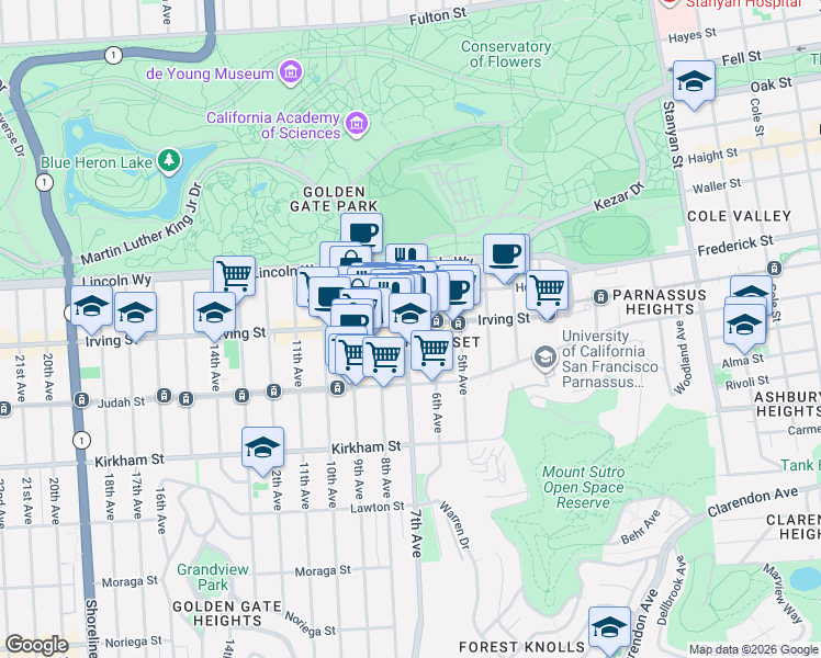 map of restaurants, bars, coffee shops, grocery stores, and more near 1300 7th Avenue in San Francisco