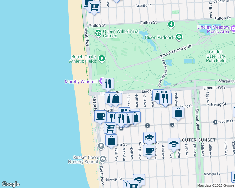 map of restaurants, bars, coffee shops, grocery stores, and more near 4525 Lincoln Way in San Francisco