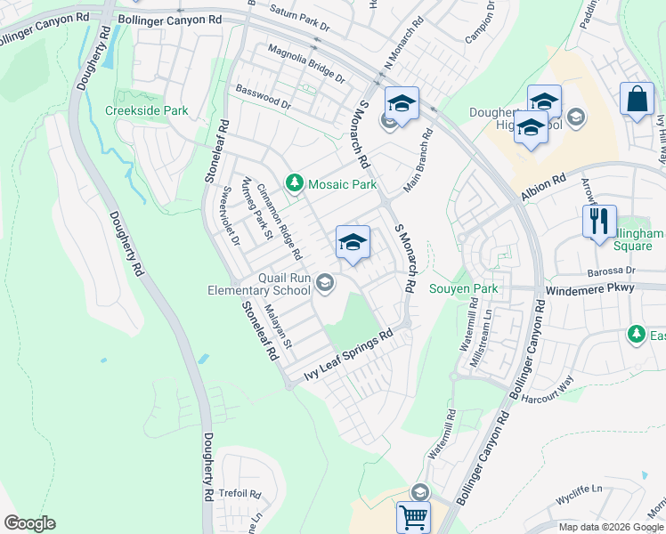 map of restaurants, bars, coffee shops, grocery stores, and more near 1297 Bayberry View Lane in San Ramon