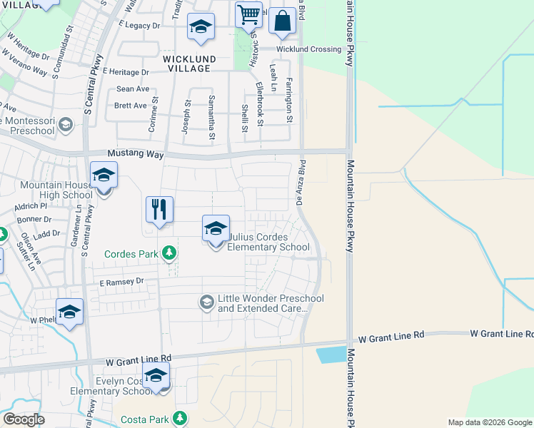 map of restaurants, bars, coffee shops, grocery stores, and more near 525 East Fuschia Way in Tracy