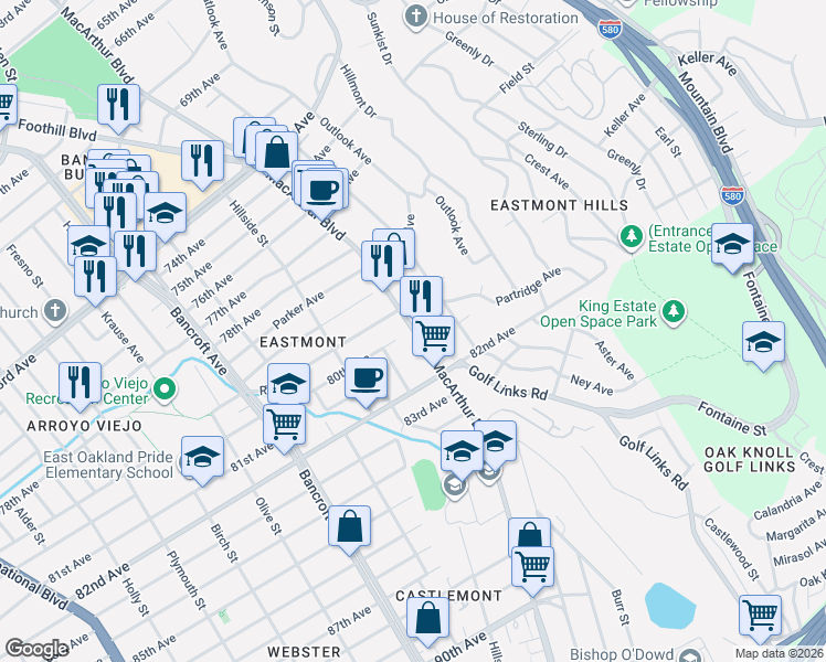 map of restaurants, bars, coffee shops, grocery stores, and more near 7985 MacArthur Boulevard in Oakland