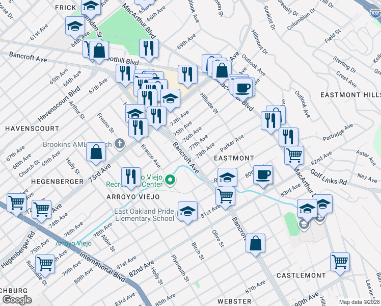 map of restaurants, bars, coffee shops, grocery stores, and more near 2527 78th Avenue in Oakland