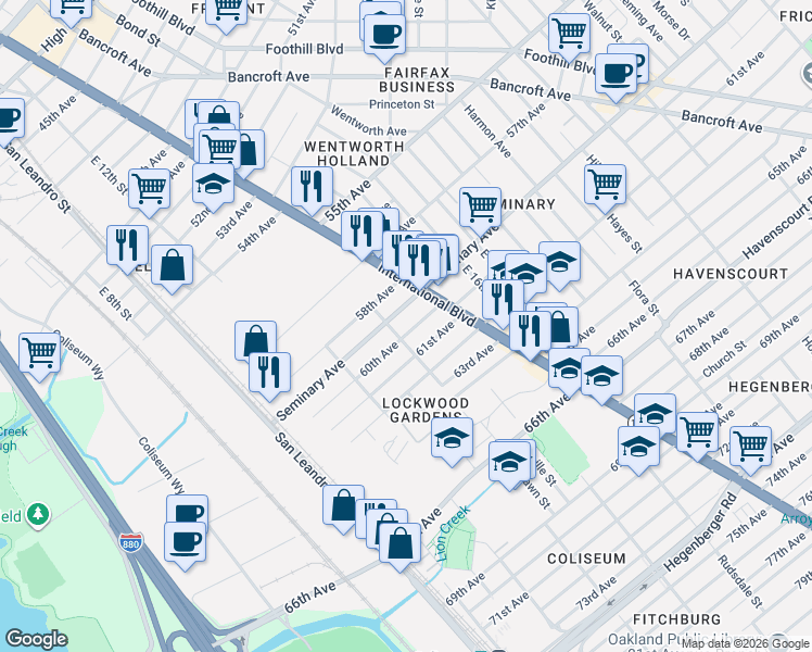 map of restaurants, bars, coffee shops, grocery stores, and more near 1314 Seminary Avenue in Oakland