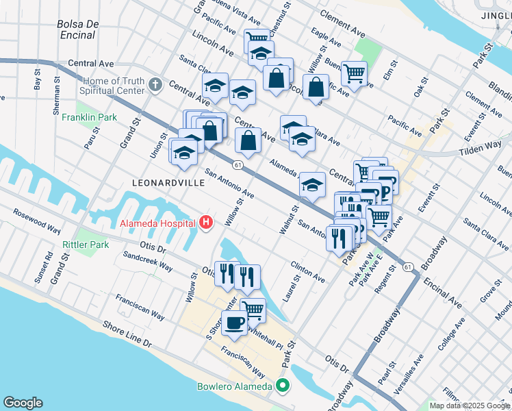 map of restaurants, bars, coffee shops, grocery stores, and more near 2109 San Jose Avenue in Alameda