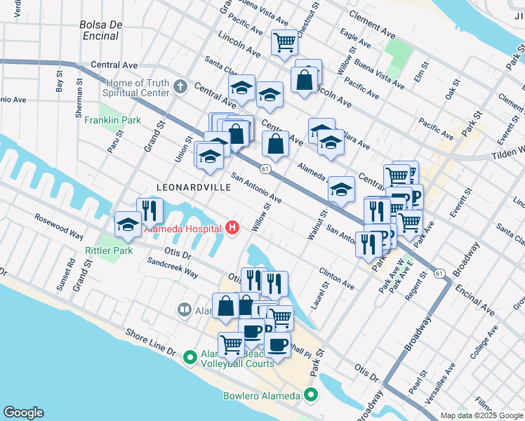 map of restaurants, bars, coffee shops, grocery stores, and more near 2056 San Jose Avenue in Alameda