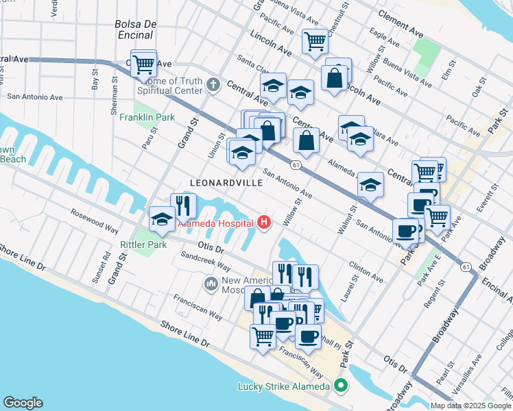 map of restaurants, bars, coffee shops, grocery stores, and more near 2025 Clinton Avenue in Alameda