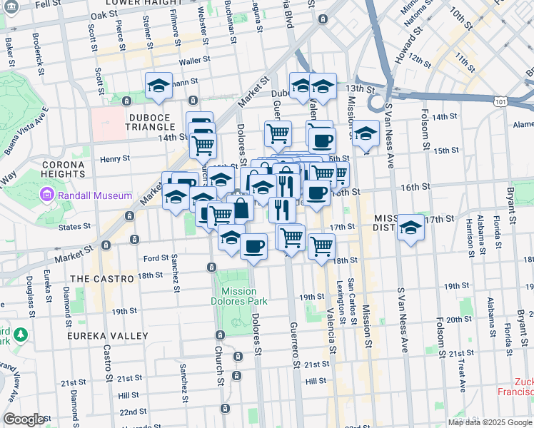 map of restaurants, bars, coffee shops, grocery stores, and more near 333 Dolores Street in San Francisco